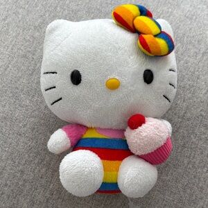Ty Hello Kitty Plush in White with Rainbow Stripes and Pink Cupcake 6”